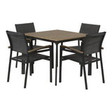 Tafelset: eettafel met vier stoelen met donkergrijze bekleding en houten lattenblad