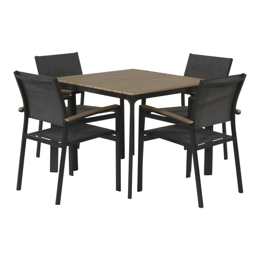 Tafelset: eettafel met vier stoelen met donkergrijze bekleding en houten lattenblad