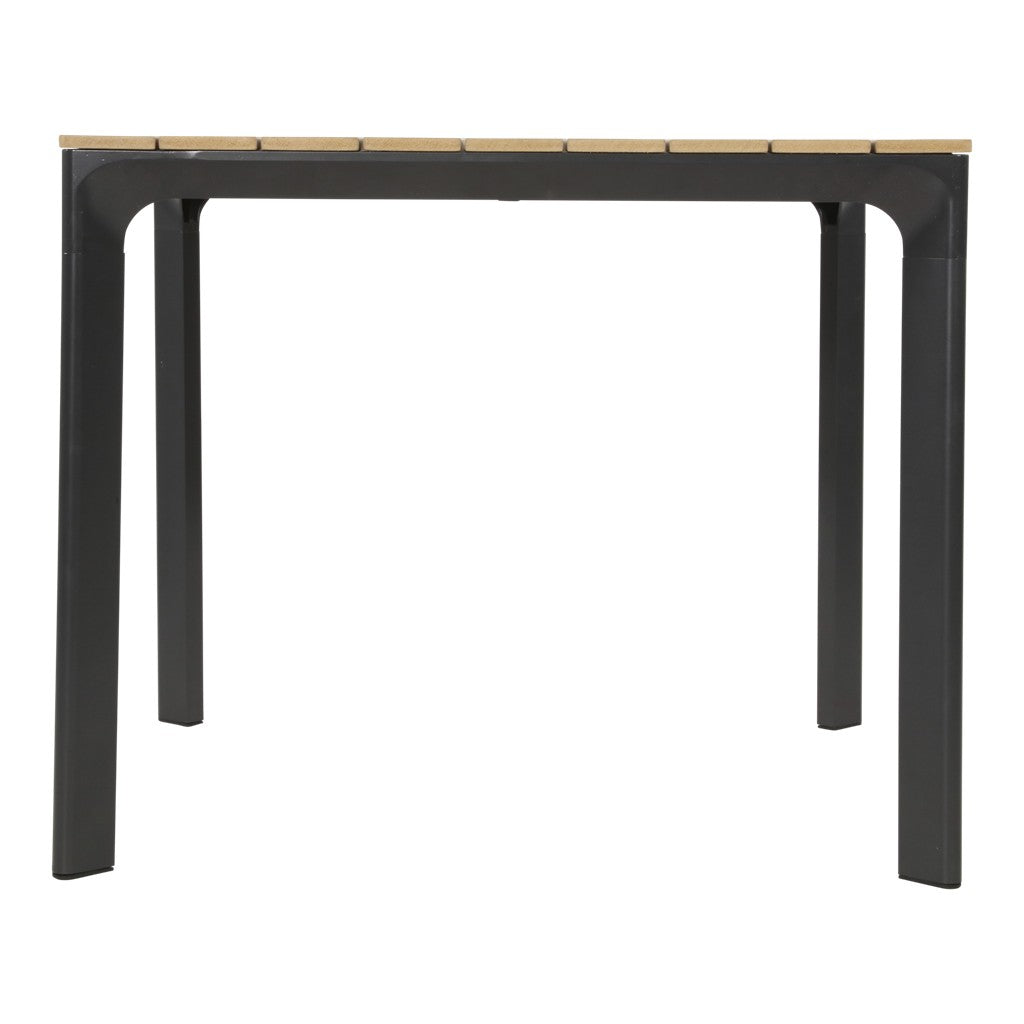 Eettafel 90x90cm met houten lattenblad en zwart onderstel, frontaanzicht