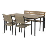 Tafel met 4 bijpassende stoelen, rechthoekig tafelblad en donkerbruine metalen poten