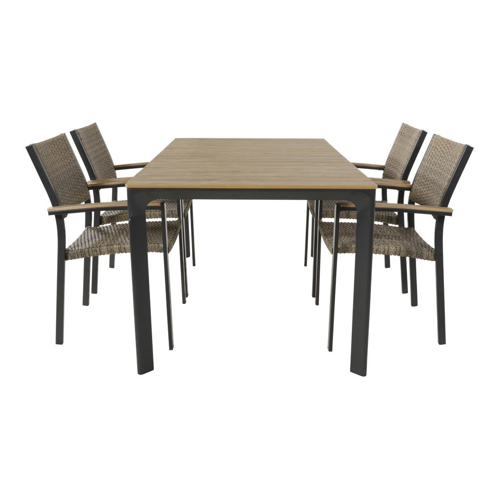 Eettafel met 4 stoelen: rechthoekig tafelblad en beige geweven rugleuningen