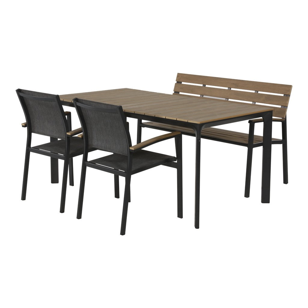 Eethoekset in perspectief: houten tafelblad met donker frame en grijze stoelen