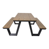 Rechthoekige picknickset met houten tafel en twee zijbanken, zwarte metalen framepoten