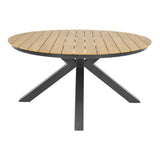 Ronde tuintafel met houten planken en zwart metalen poten, Ø150 cm
