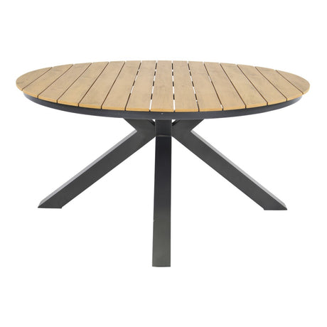 Ronde tuintafel met houten planken en zwart metalen poten, Ø150 cm
