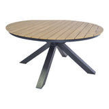 Ronde houten tafel met zwarte metalen kruispoten en afgeronde rand