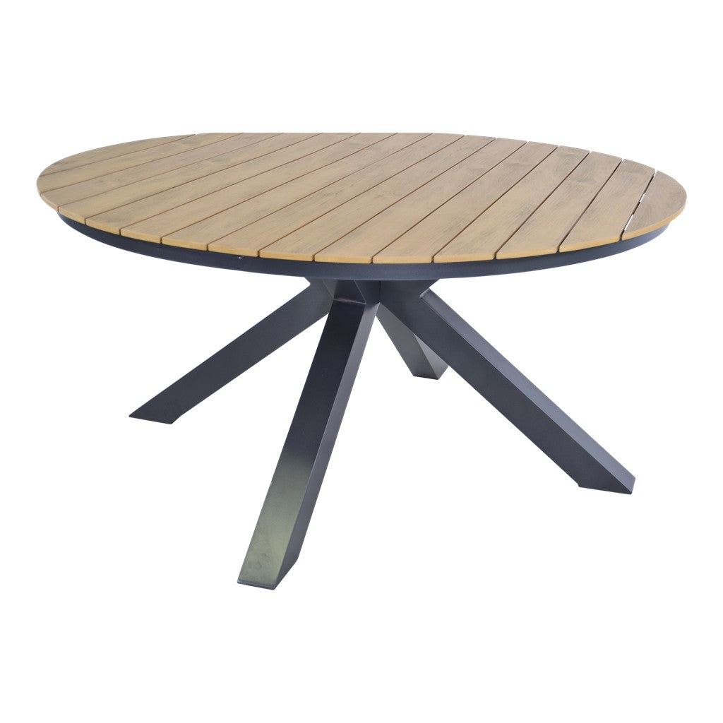 Ronde houten tafel met zwarte metalen kruispoten en afgeronde rand