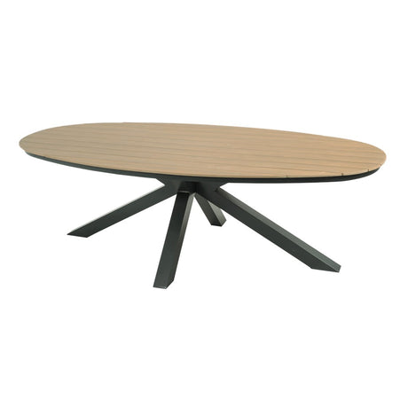 Ovale eettafel met licht houten blad en zwarte kruisende poten, 240x113 cm