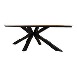 Ovale eettafel zijaanzicht: donker blad met zwart metalen frame en poten