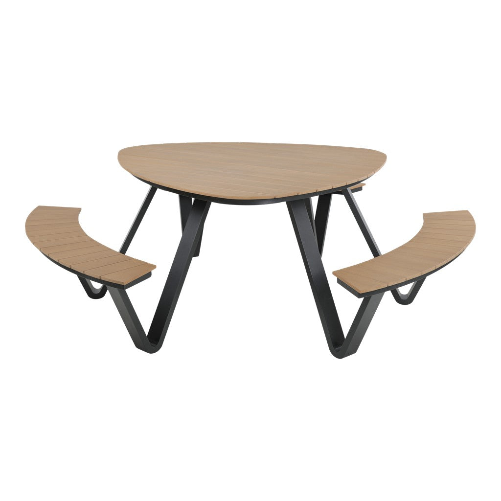 Picknickset met rond tafelblad en drie bankjes van hout, zwart onderstel