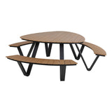 Picknickset met rond tafelblad en twee bankjes van hout, zwart onderstel