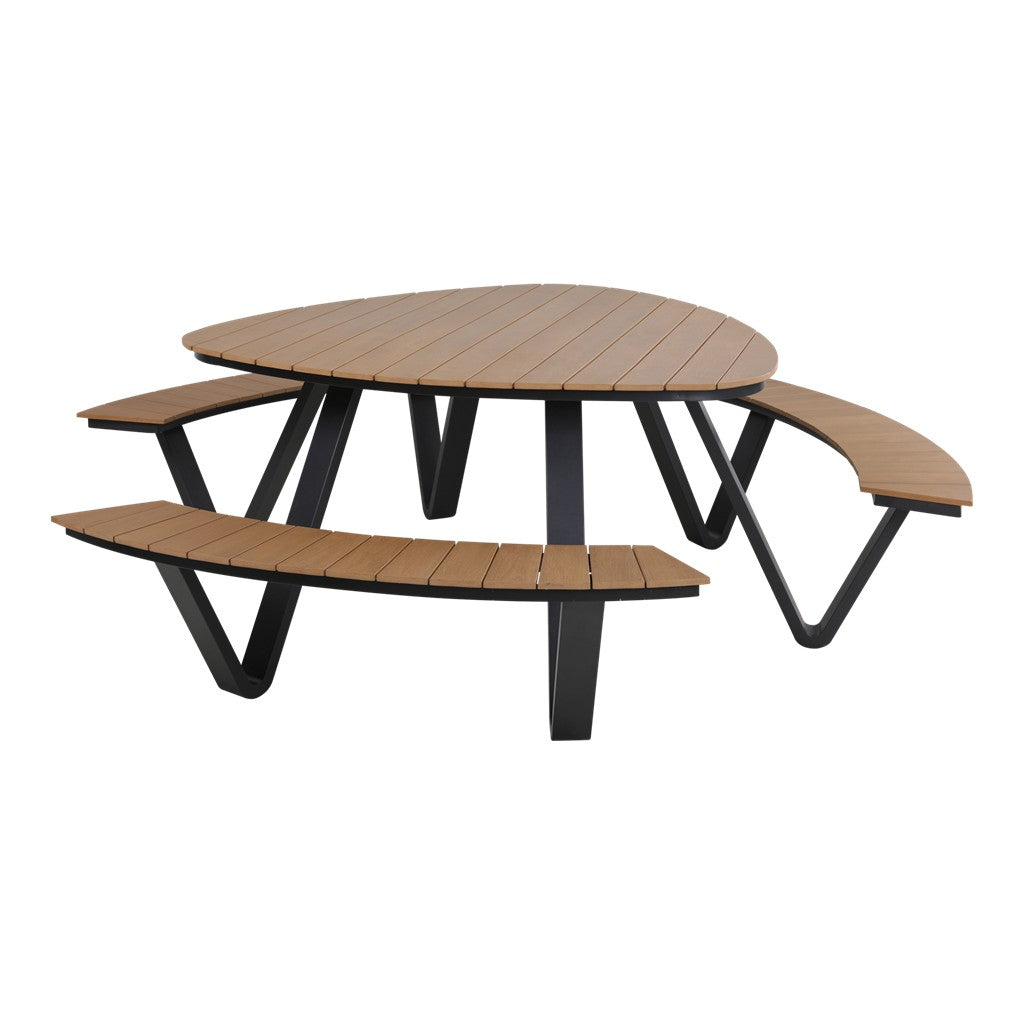 Picknickset met rond tafelblad en twee bankjes van hout, zwart onderstel