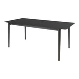 Donkere rechthoekige eettafel met zwart metalen poten