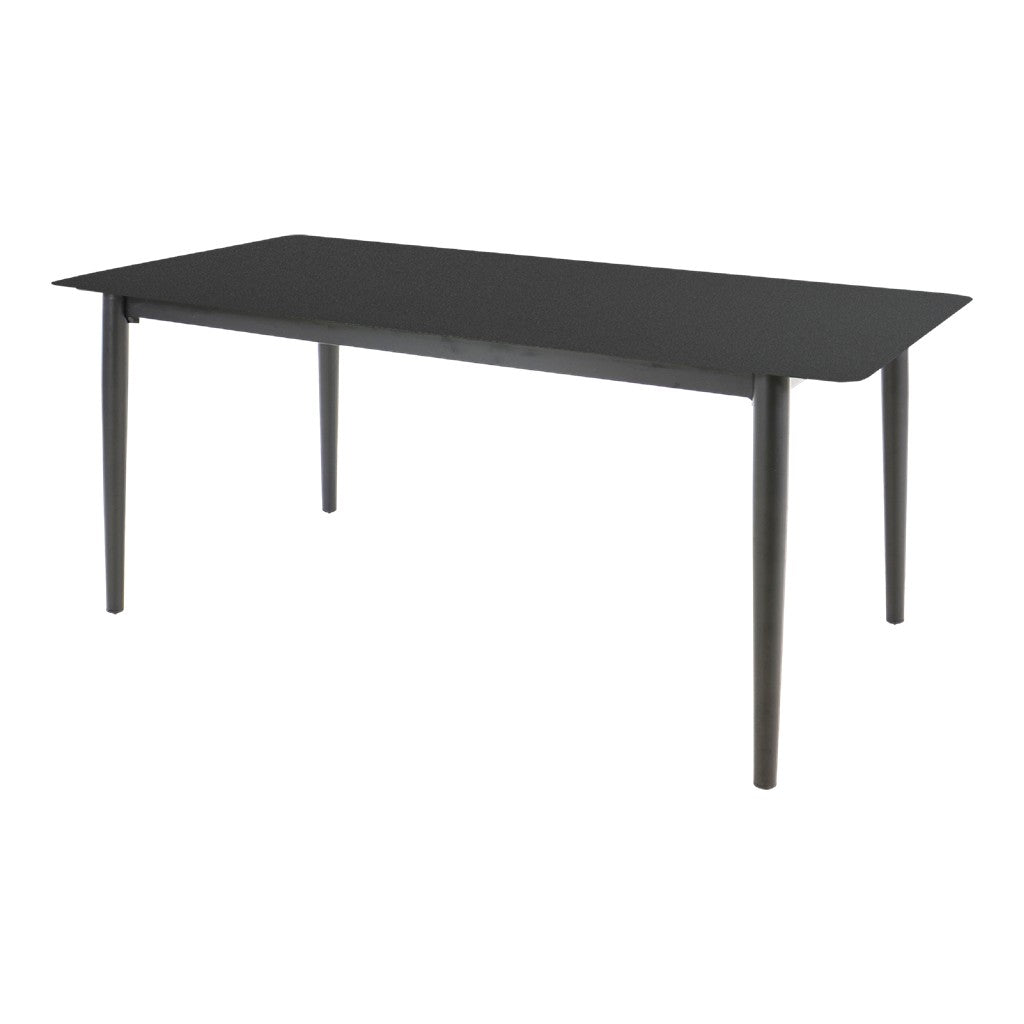 Donkere rechthoekige eettafel met zwart metalen poten