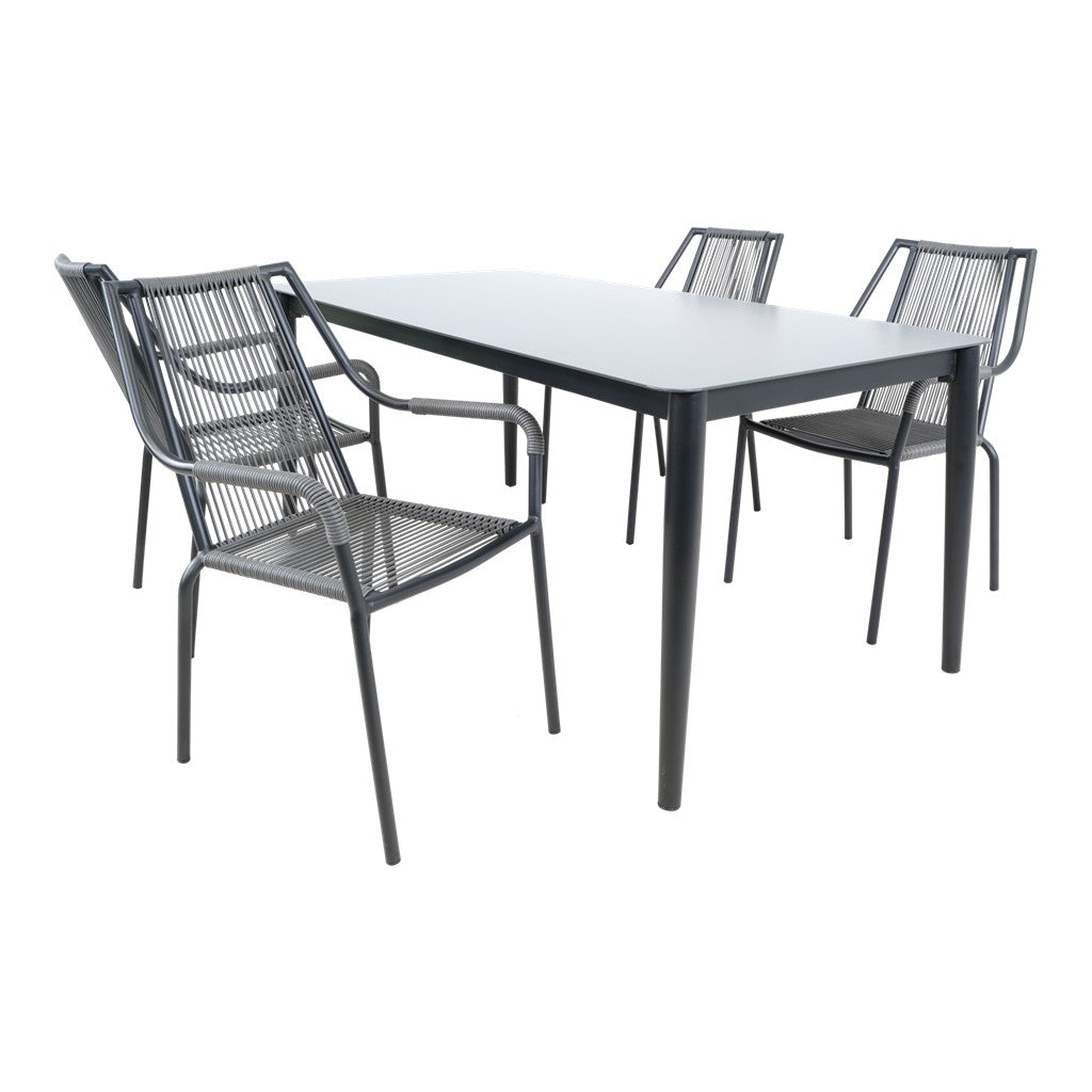 Set eettafel met zwart blad en 4 stoelen met grijs geweven zitting