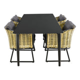 Rechthoekige tuintafel met zwarte bovenkant en zwart frame, met 4 grijze stoelen.