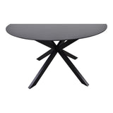 Ronde buitentafel met donkergrijs blad en zwarte gekruiste poten, frontaanzicht