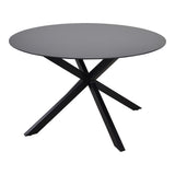 Ronde buitentafel met donkergrijs blad en zwarte kruispoten, driekwartaanzicht