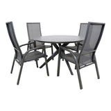 Buiten eettafelset met ronde tafel en vier grijs/zwarte stoelen met mesh rug