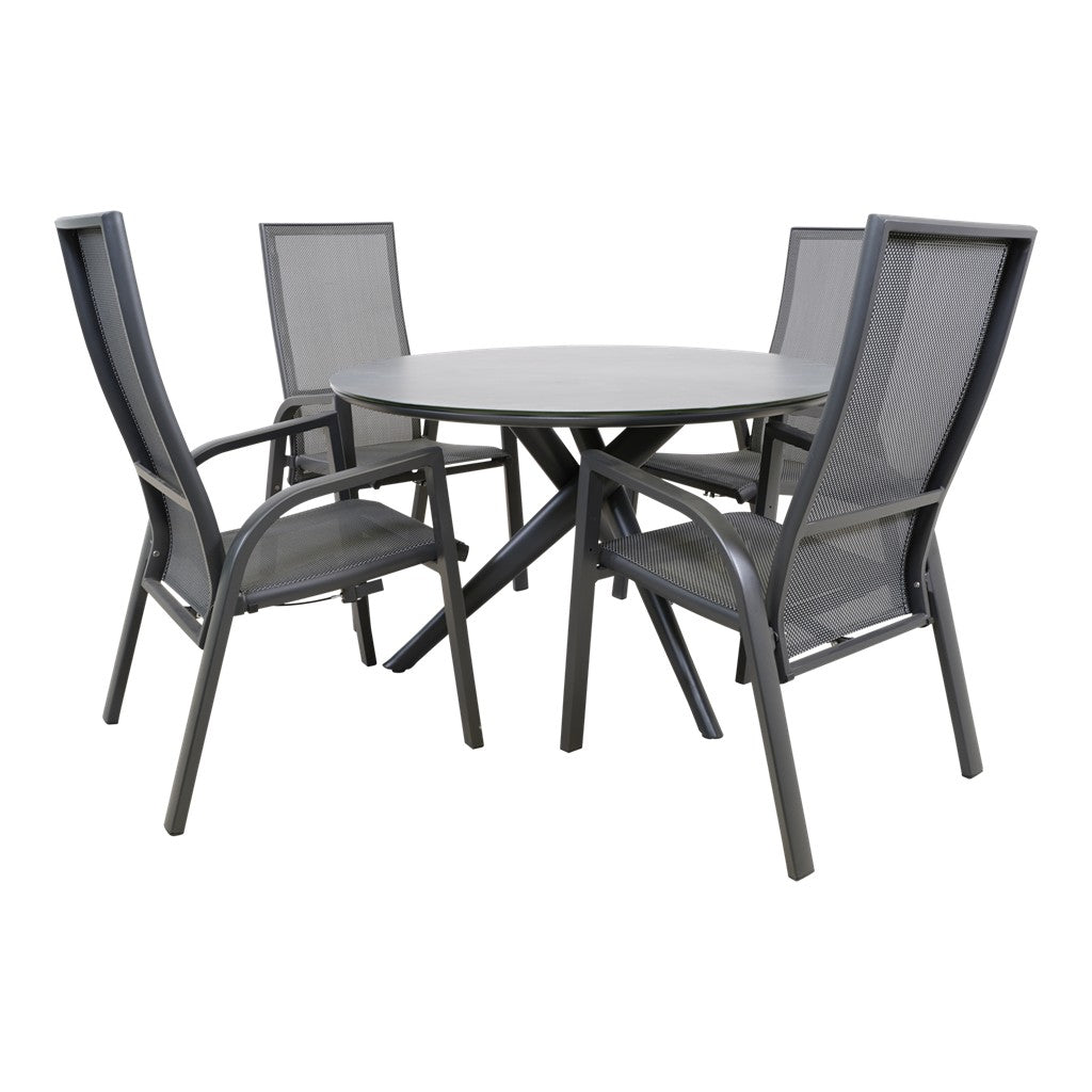 Buiten eettafelset met ronde tafel en vier grijs/zwarte stoelen met mesh rug