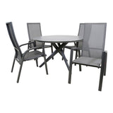 Buiten eettafel met rond blad en vier stoelen, grijze mesh rugdelen en zwarte frames