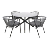 Ronde tuintafel Ø120 cm met zwarte metalen frame en grijze kussens op draadstoelen