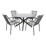 Ronde eettafel Ø120 cm met 4 grijze gevlochten stoelen en zwarte poot