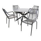 Ronde eettafel Ø120 cm met 4 grijze gevlochten stoelen en zwart metalen frame
