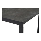 Zwarte eettafel met grijs blad en stevige poten, hoekdetail zichtbaar.