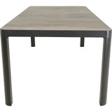 Rechthoekige eettafel met grijs houtlook blad en zwarte poten, bovenaanzicht