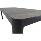 Hoekdetail eettafel met grijs houtlook blad, zwarte rand en poot