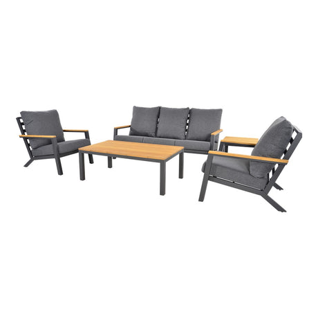 Loungeset met 2 fauteuils, bank en houten tafel; grijze zitkussens en zwarte frames