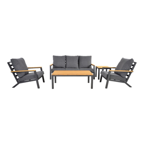 Loungeset met bank en 3 zitmogelijkheden; grijze kussens en houten bijzettafel