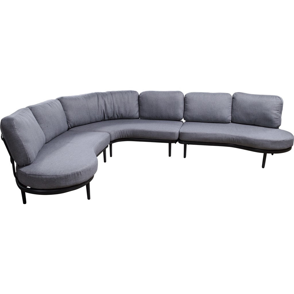 Grijze L-vormige loungehoekbank met chaise en ronde zwarte poten