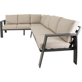 Loungehoekset hoekbank met lichtbeige rugkussens en donkergrijs frame, brede zit