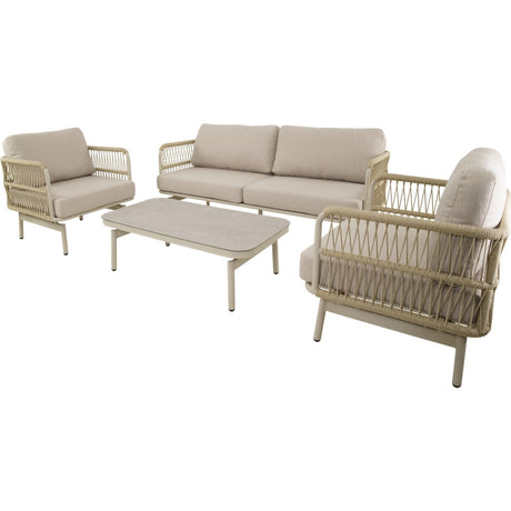 Tuinlounge set met bank, twee fauteuils en salontafel; beige zit- en rugkussens