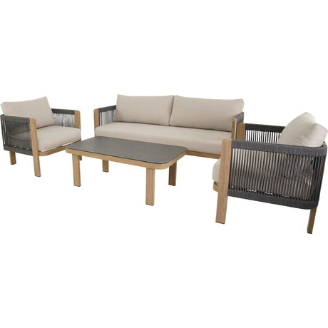 Loungeset met bank en twee fauteuils, grijze kussens, zwarte vlechtpanelen en houten frames