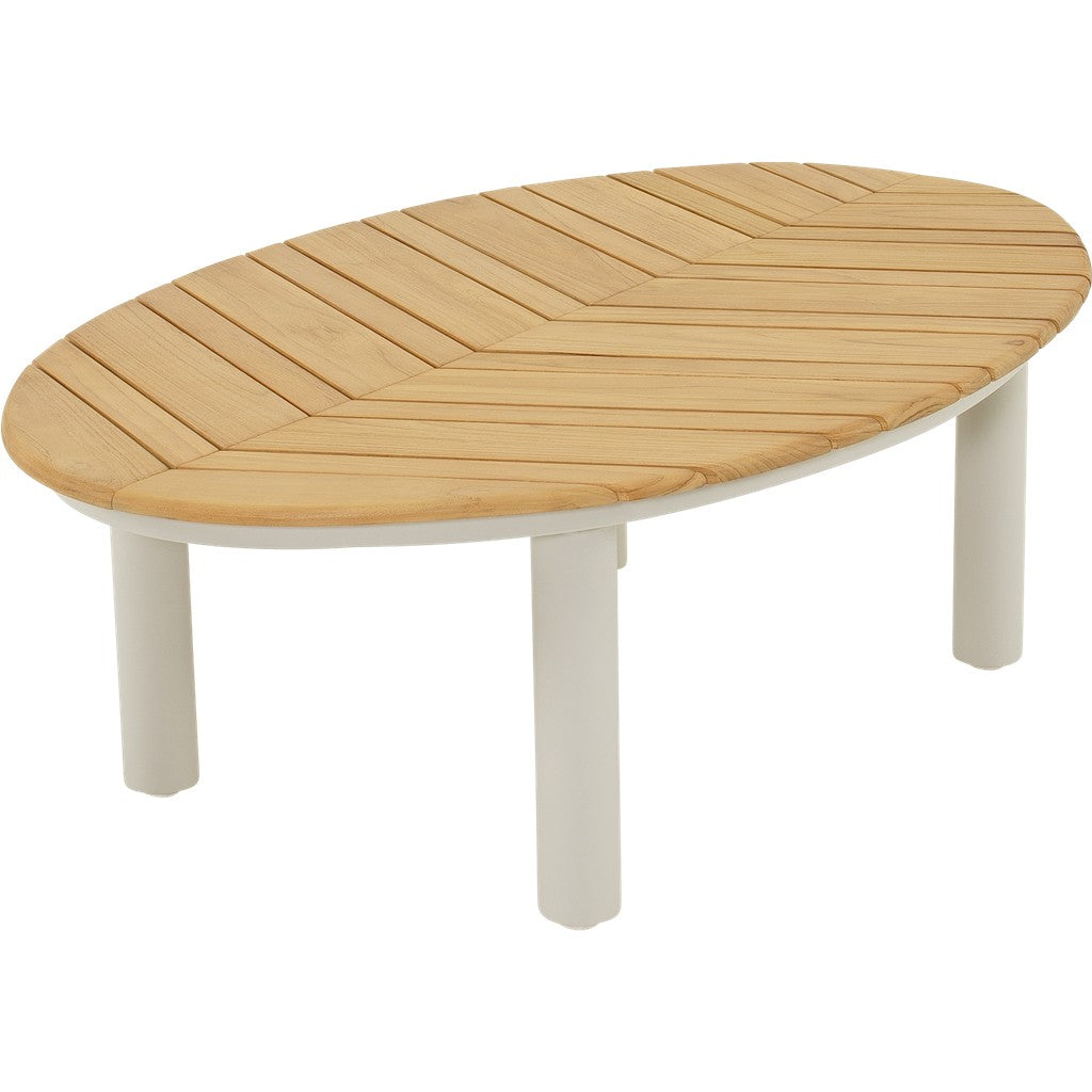 Houten ovale bijzettafel met witte poten en gerichte latten op het blad.