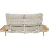 Loungebank met twee kussens en houten tafel, wit gelakt frame