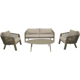 Loungeset met 2-zitsbank, 2 fauteuils en ronde bijzettafel, beige kussens