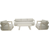 Fauteuils en 3-zitsbank met lichtbeige kussens en witte frames, incl. tafel