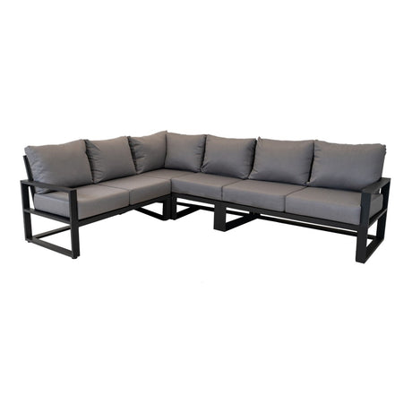 Hoekloungebank met donkergrijze kussens en zwarte metalen frame, L-vormig