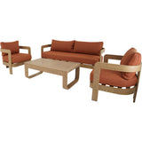 Loungeset: bank en 2 fauteuils met terracotta zit- en rugkussens, plus houten salontafel