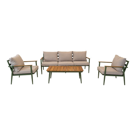 Loungeset met beige kussens: driezitsbank, twee fauteuils en houten salontafel