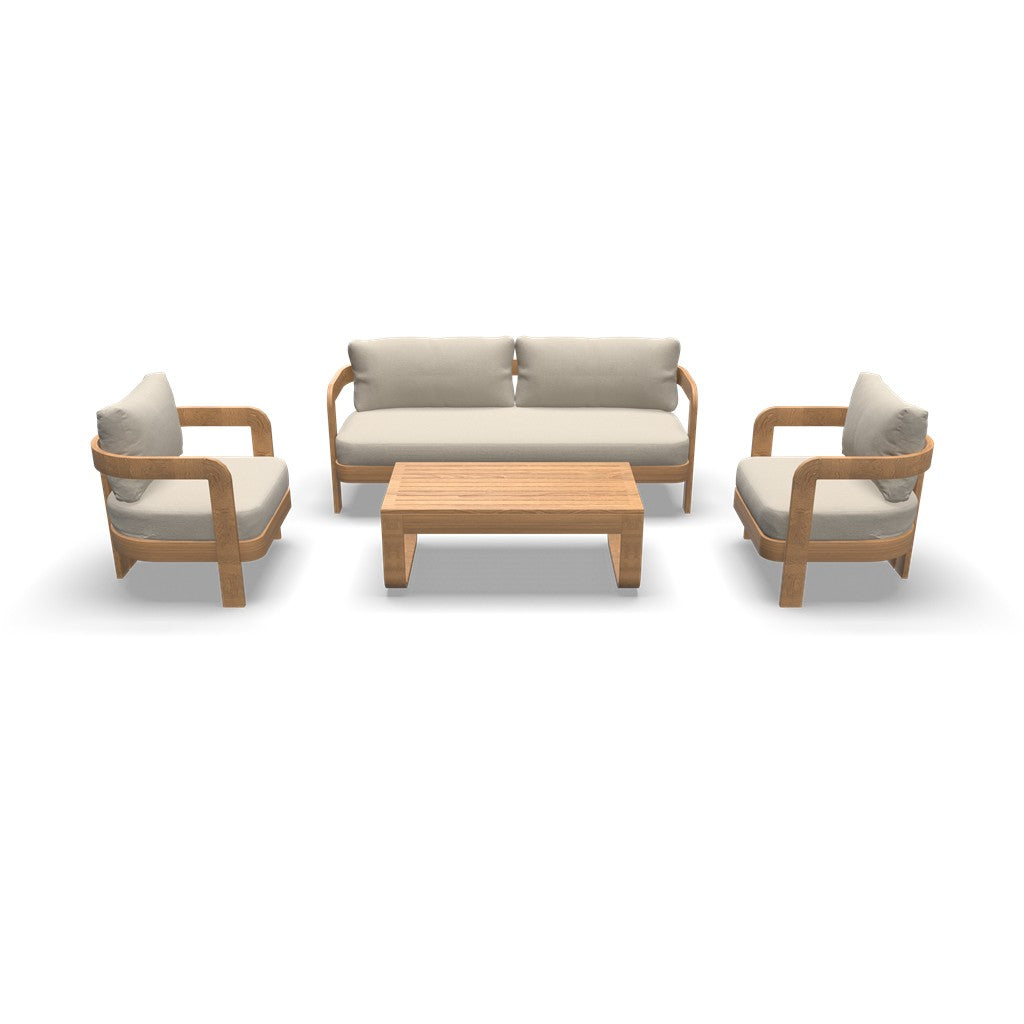 Beige loungeset met tweezitsbank, twee fauteuils en houten salontafel