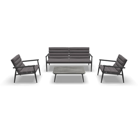 Loungeset met centrale bank, twee fauteuilstoelen en voetenbankje, donkergrijs