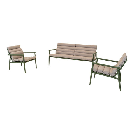 Olijfgroene loungeset met bank en twee fauteuils, beige kussens