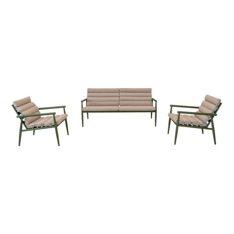 Loungeset met bank en twee fauteuils, olijfgroen frame en beige zitkussens