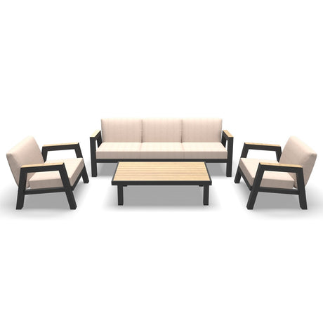 Loungeset met beige kussens, donker frame en houten salontafel