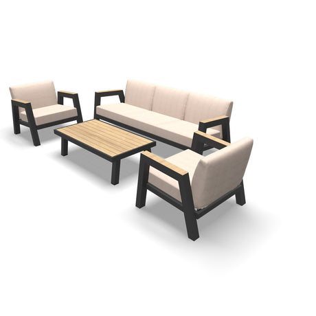 Loungeset in hoekopstelling met 2 fauteuils, 3-zitsbank en houten salontafel